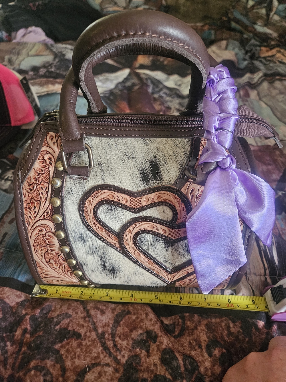 Women’s Brown & White Heart Accent Satchel with Lavender Bow